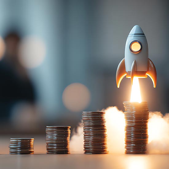 Rocketship launching off of coins